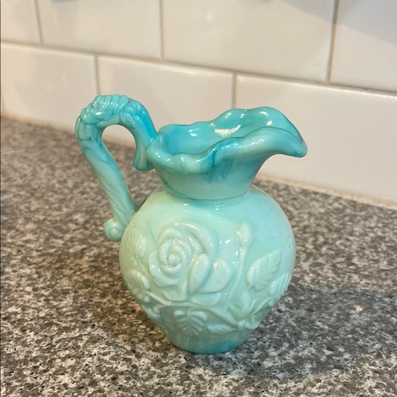 Vintage 1970’s Avon Jadeite Blue Floral Rose Pitcher - Picture 1 of 5